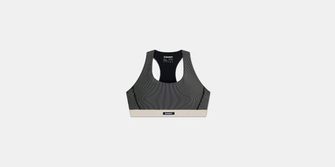 Bandit Running: Striped Cadence Run Bra - Black with Chalk