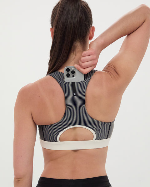 Bandit Running: Striped Cadence Run Bra - Black with Chalk