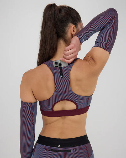 Bandit Running: Striped Cadence Scoop Neck Run Bra - Fig/Vintage Blue