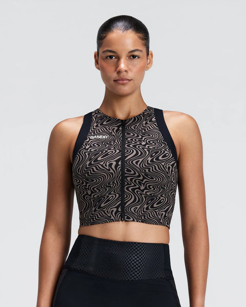 Bandit Running: Women's Adapto 2-Way Zip Race Crop - Melted Marble Cocoa / Black