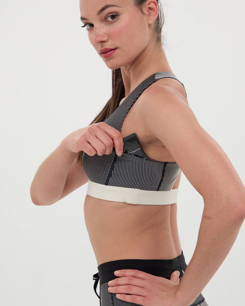 Bandit Running: Striped Cadence Run Bra - Black with Chalk