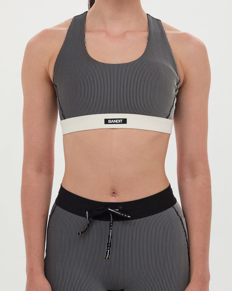 Bandit Running: Striped Cadence Run Bra - Black with Chalk