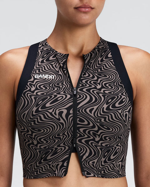 Bandit Running: Women's Adapto 2-Way Zip Race Crop - Melted Marble Cocoa / Black