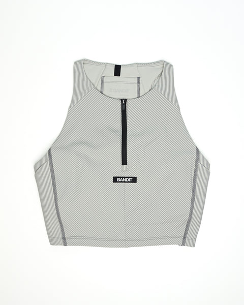 Bandit Running: Women's Striped Cadence™ Zip Front Race Crop - Plaster/Slate