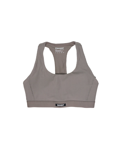 Bandit Running: Striped Cadence Scoop Neck T-Back Run Bra - Concrete Taupe / Cocoa