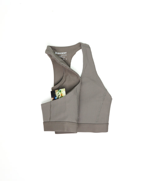 Bandit Running: Striped Cadence Scoop Neck T-Back Run Bra - Concrete Taupe / Cocoa