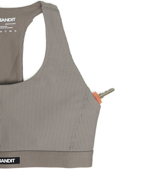 Bandit Running: Striped Cadence Scoop Neck T-Back Run Bra - Concrete Taupe / Cocoa