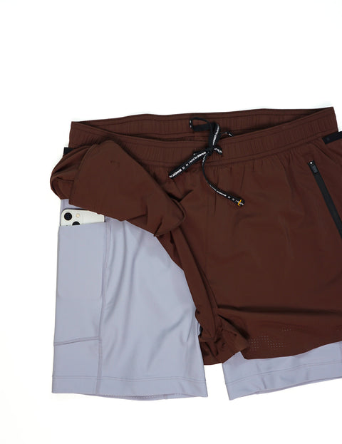 Bandit Running: Men's Vento Next Gen 2-In-1 Run Short - Cacao/Violet Fog