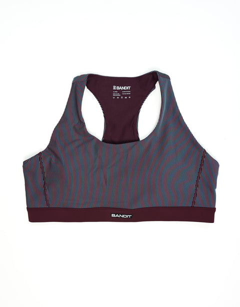 Bandit Running: Striped Cadence Scoop Neck Run Bra - Fig/Vintage Blue