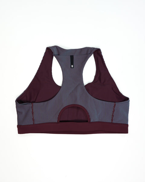 Bandit Running: Striped Cadence Scoop Neck Run Bra - Fig/Vintage Blue