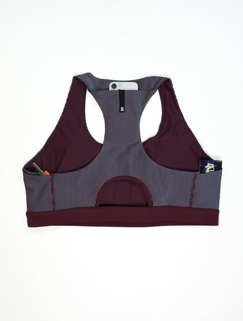 Bandit Running: Striped Cadence Scoop Neck Run Bra - Fig/Vintage Blue