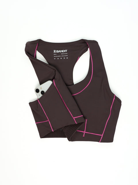 Bandit Running:Women's Vanisher Pop Stitch Arco Run Bra - Espresso