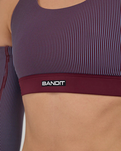 Bandit Running: Striped Cadence Scoop Neck Run Bra - Fig/Vintage Blue