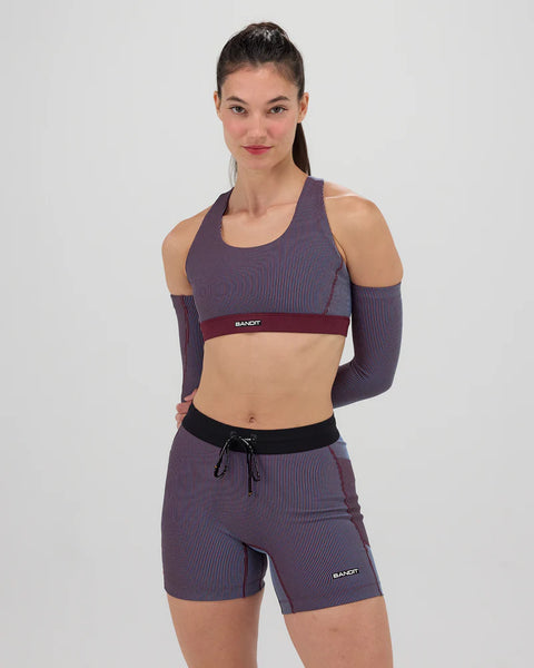 Bandit Running: Striped Cadence Scoop Neck Run Bra - Fig/Vintage Blue