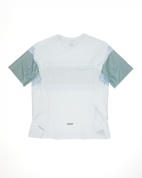Soar Running: Women's Hot Weather Tee - White/Blue Green Stripe