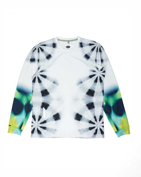 SOAR Running: Men's LS Printed Tech T - White Green Kaleidoscope
