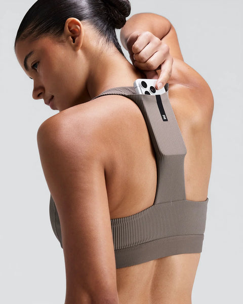 Bandit Running: Striped Cadence Scoop Neck T-Back Run Bra - Concrete Taupe / Cocoa