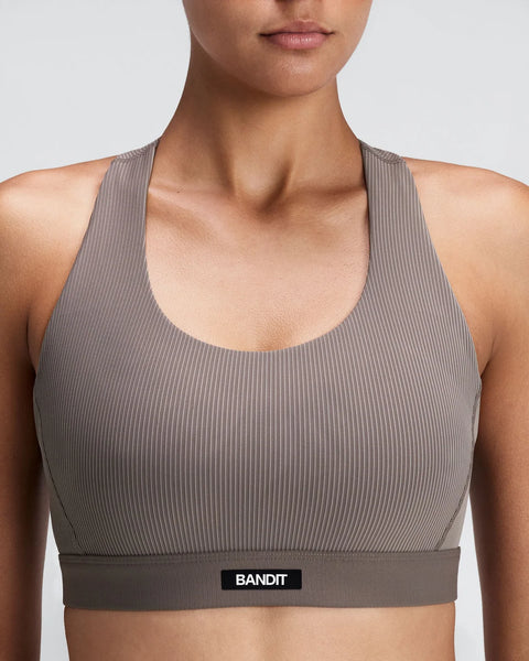 Bandit Running: Striped Cadence Scoop Neck T-Back Run Bra - Concrete Taupe / Cocoa