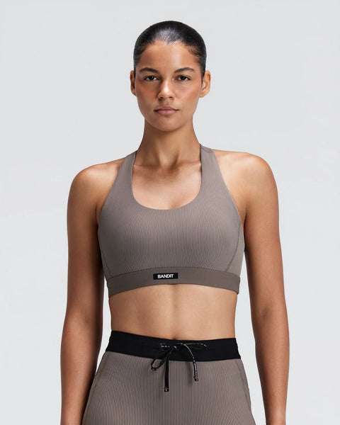 Bandit Running: Striped Cadence Scoop Neck T-Back Run Bra - Concrete Taupe / Cocoa