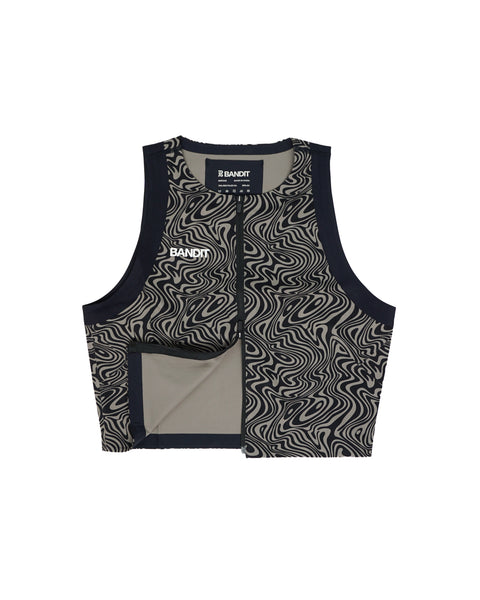Bandit Running: Women's Adapto 2-Way Zip Race Crop - Melted Marble Cocoa / Black